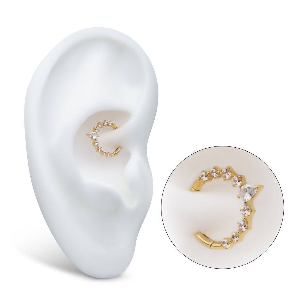 24Kt Gold PVD Titanium 9-Cluster Prong Set Round & Teardrop CZ Front Facing Hinged Segment Clicker