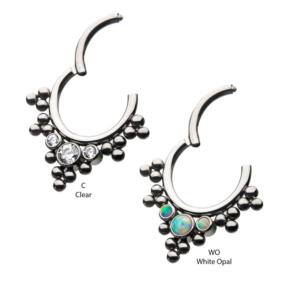 Titanium with 3 Cluster Bezel Set CZ/Opal & Trio Beads V-Shape Front Facing Hinged Segment Clicker
