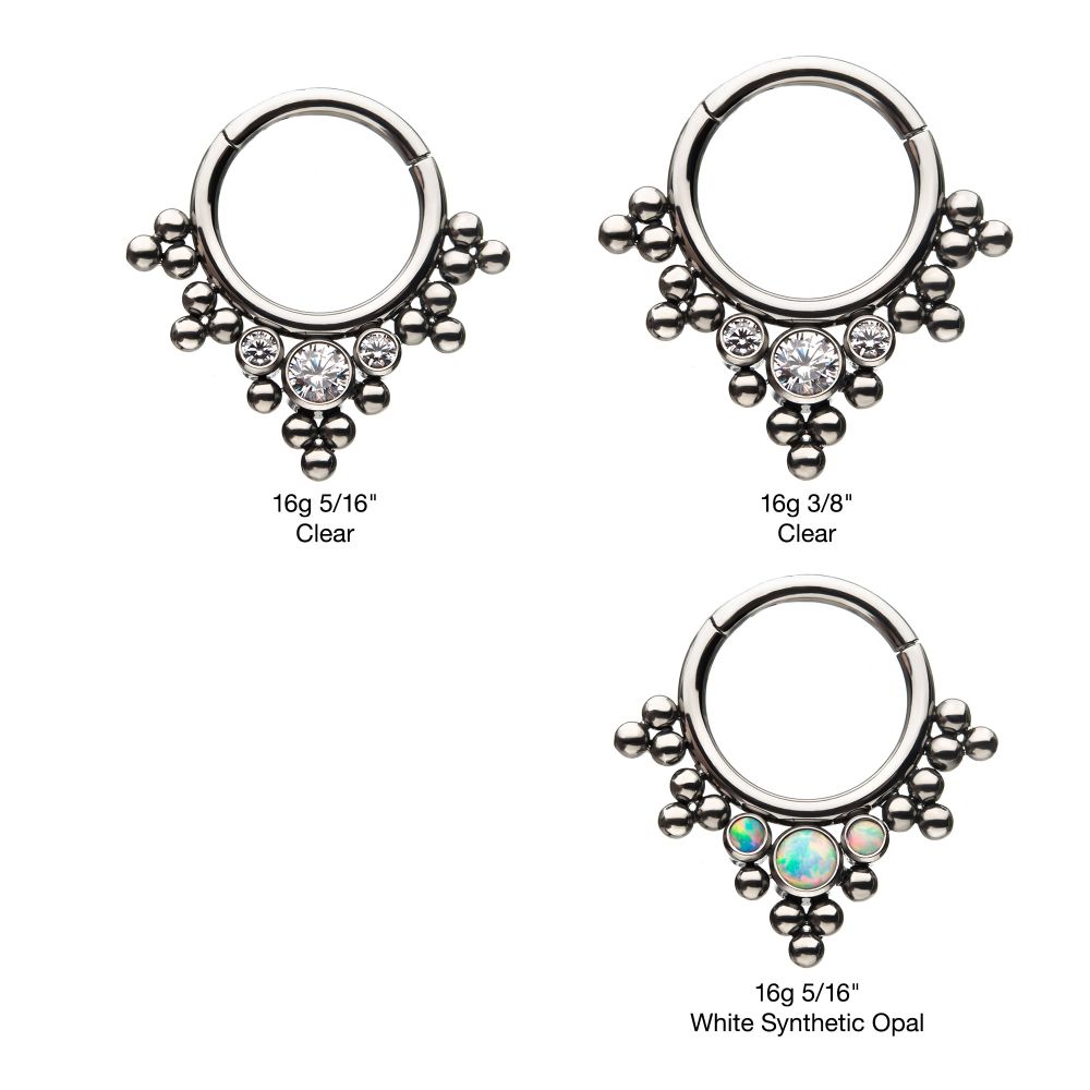 Titanium with 3 Cluster Bezel Set CZ/Opal & Trio Beads V-Shape Front Facing Hinged Segment Clicker