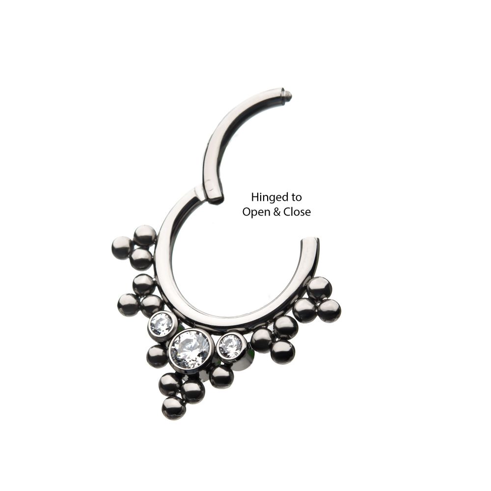 Titanium with 3 Cluster Bezel Set CZ/Opal & Trio Beads V-Shape Front Facing Hinged Segment Clicker