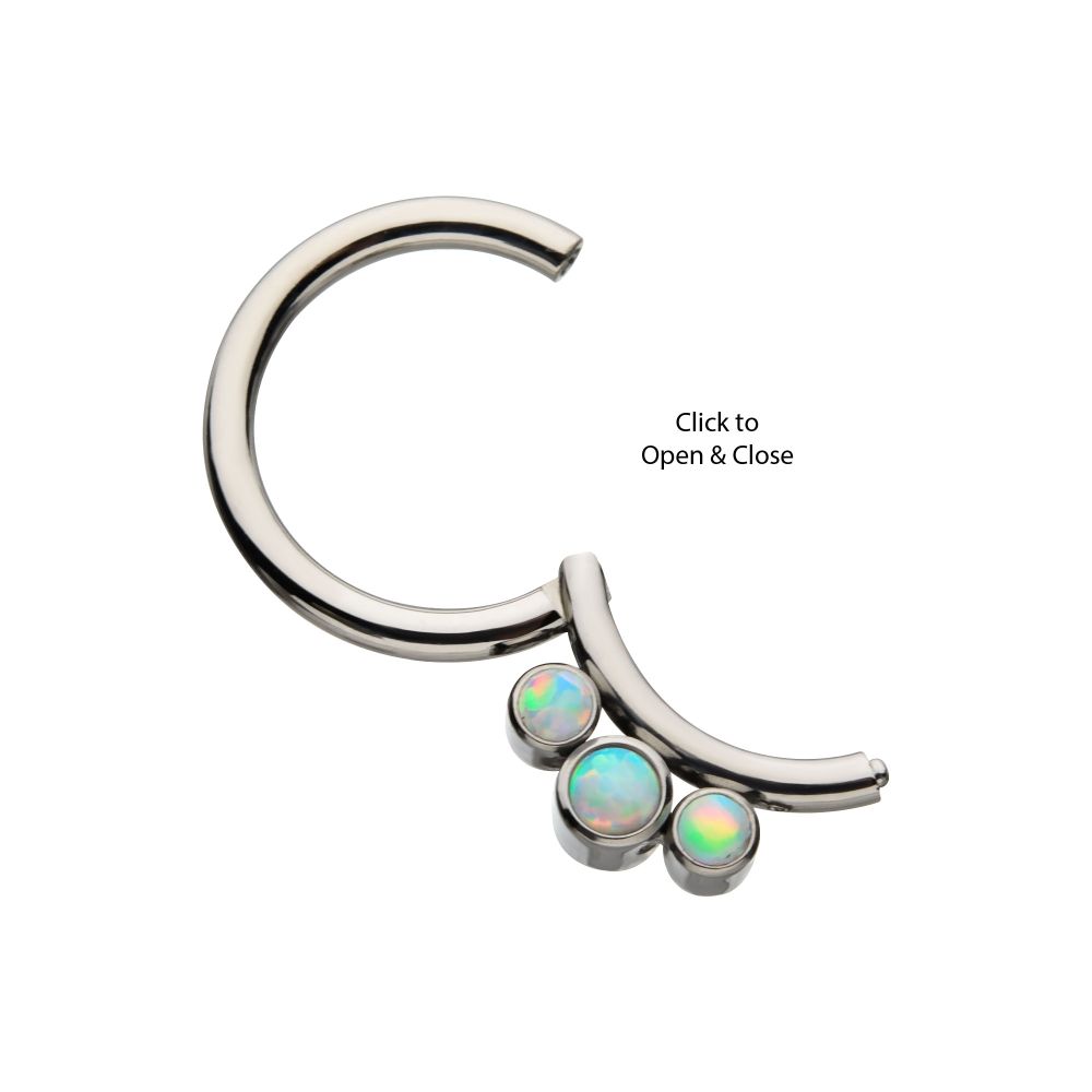 Titanium Petite 3 Bezel Set White Opal Stones Set On Hinged Segment Clicker