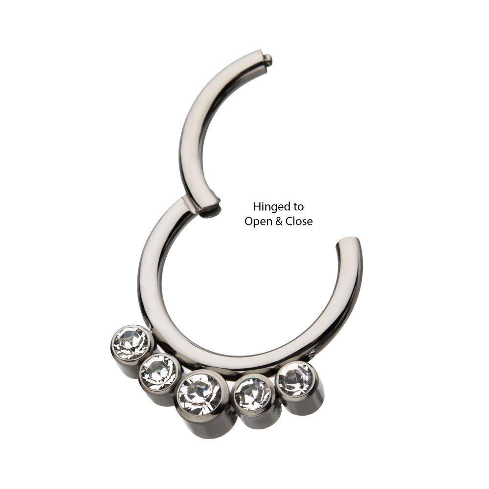 Titanium with 5 Cluster Petite Bezel Set Swarovski Crystal/Opal Front Facing Hinged Segment Clicker