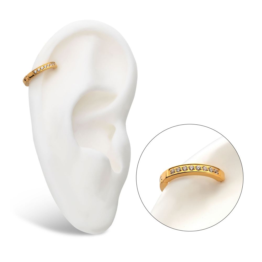 20g 24Kt Gold PVD Titanium Clear CZ Hinged Huggie Earrings