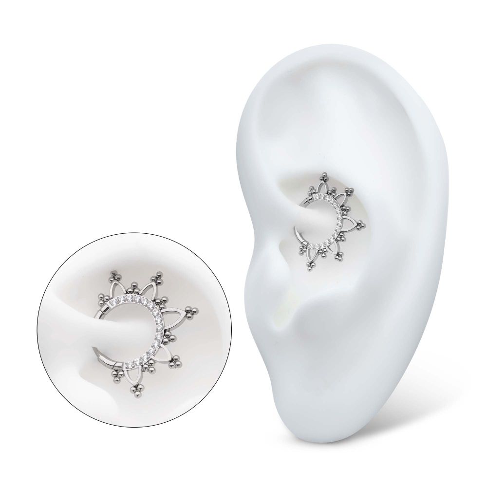 Titanium Pave Set Round CZ with Tri Beads Front Facing Hinged Segment Clicker