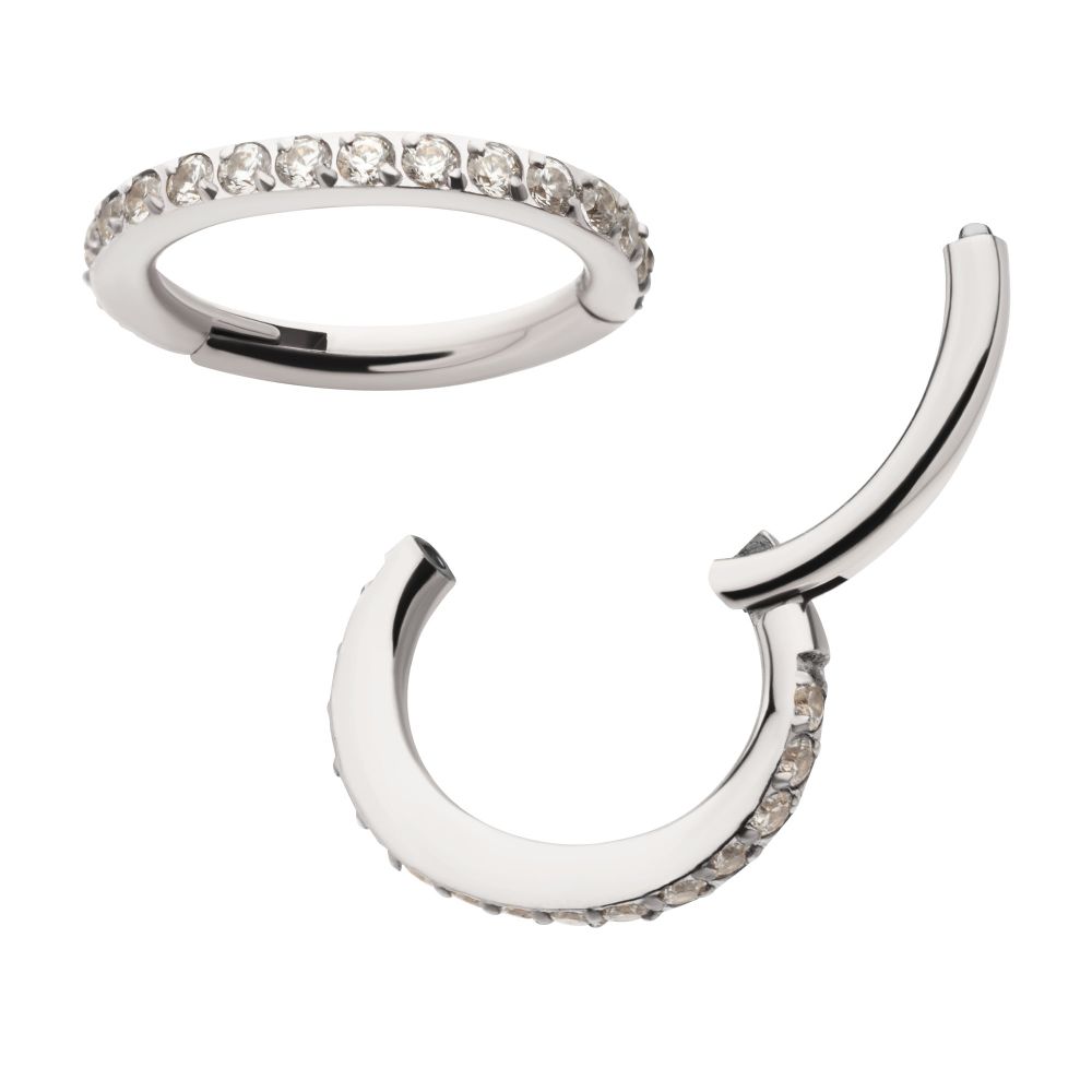 16g Titanium Oval Shape with CNC Set Full Clear CZ Hinged Segment Clicker (for Rook Piercing)