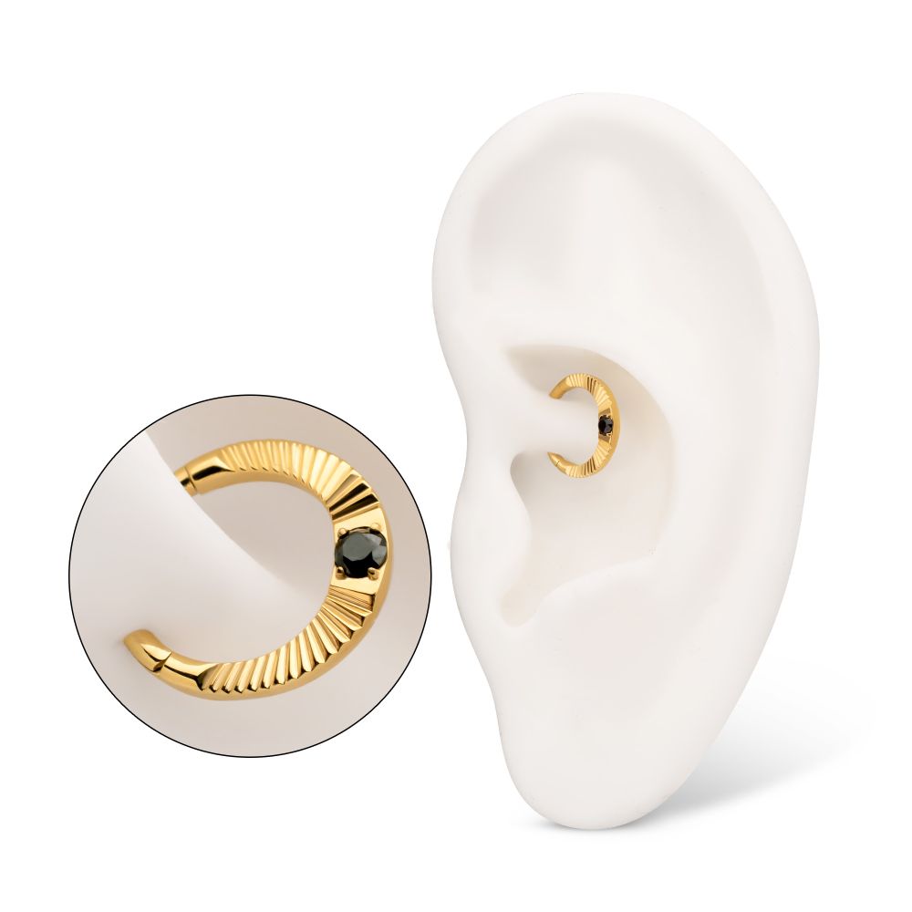 24Kt Gold PVD Titanium Radiant Hoop with Black Prong Set Gem Front Facing Hinged Segment Clicker