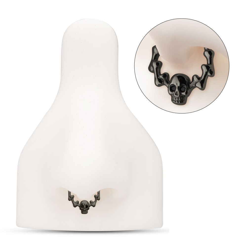 Black PVD Titanium Skull & Bone with Black CZ Gem Eyes Front Facing Hinged Segment Clicker