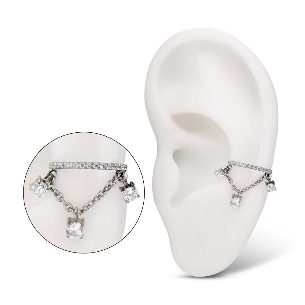 Titanium Pave Gem Hoop with Three Prong Set Gem Chain Dangle Hinged Segment Clicker