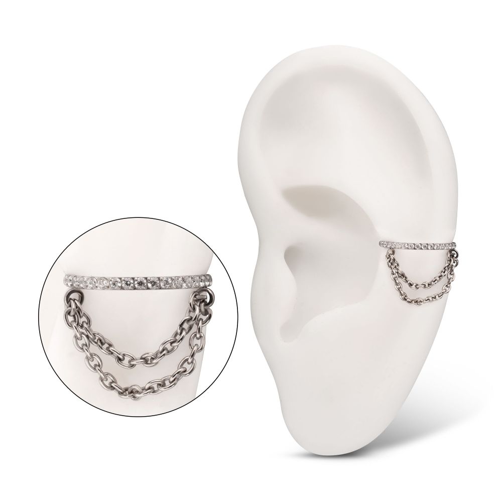 Titanium Pave Gem Hoop with 2-Tier Chain Dangle Hinged Segment Clicker