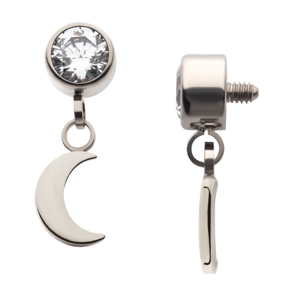 Titanium Internally Threaded Bezel Set CZ with Dangling Crescent Moon Top