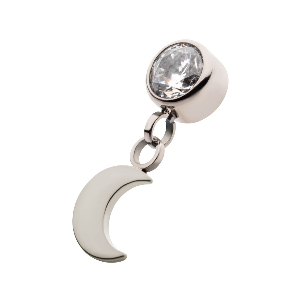 Titanium Internally Threaded Bezel Set CZ with Dangling Crescent Moon Top