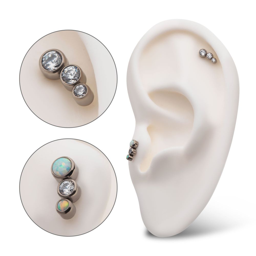 Titanium Internally Threaded Bezel Set CZ/Opal Staggered 3-Cluster Top