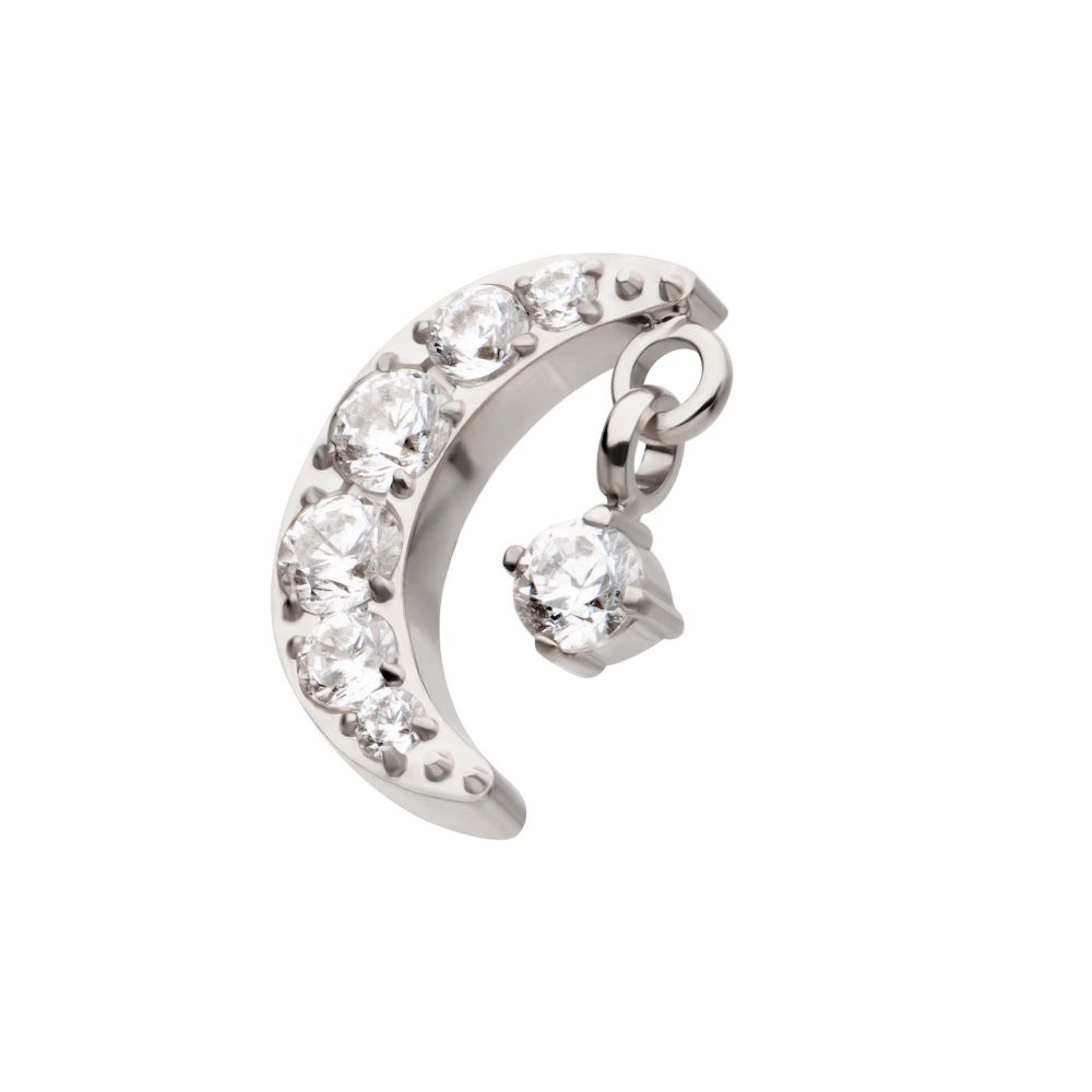 Titanium Internally Threaded Crescent Moon CZ Top with Dangle Pronged Round CZ