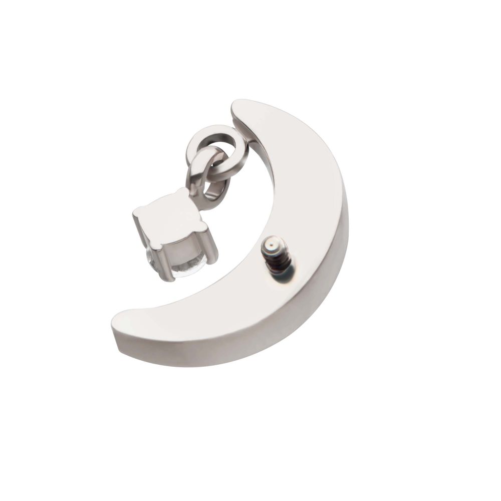 Titanium Internally Threaded Crescent Moon Top with Dangle Pronged Round CZ