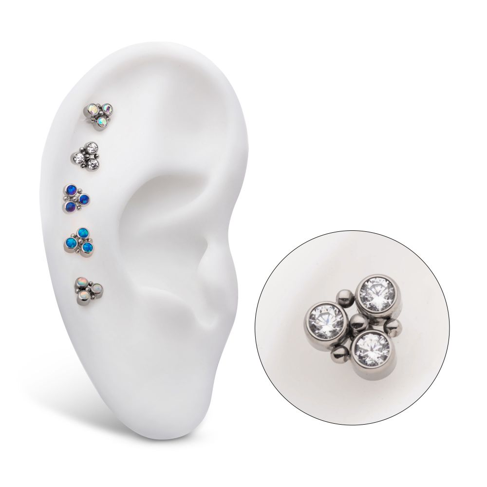Titanium Internally Threaded 4-Bead Bezel Round CZ/Opal 3-Cluster Top