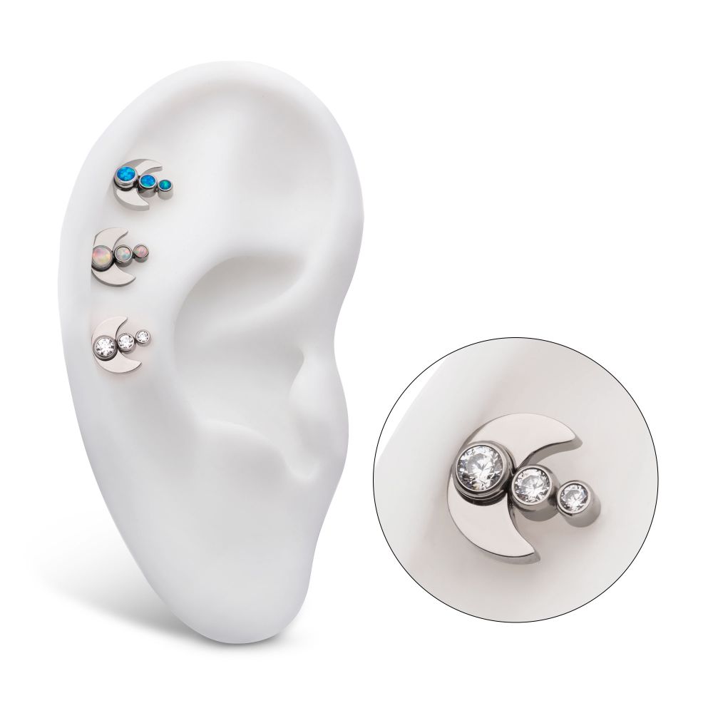 Titanium Internally Threaded 3-Cluster Bezel Set Gem/Opal Crescent Moon Top
