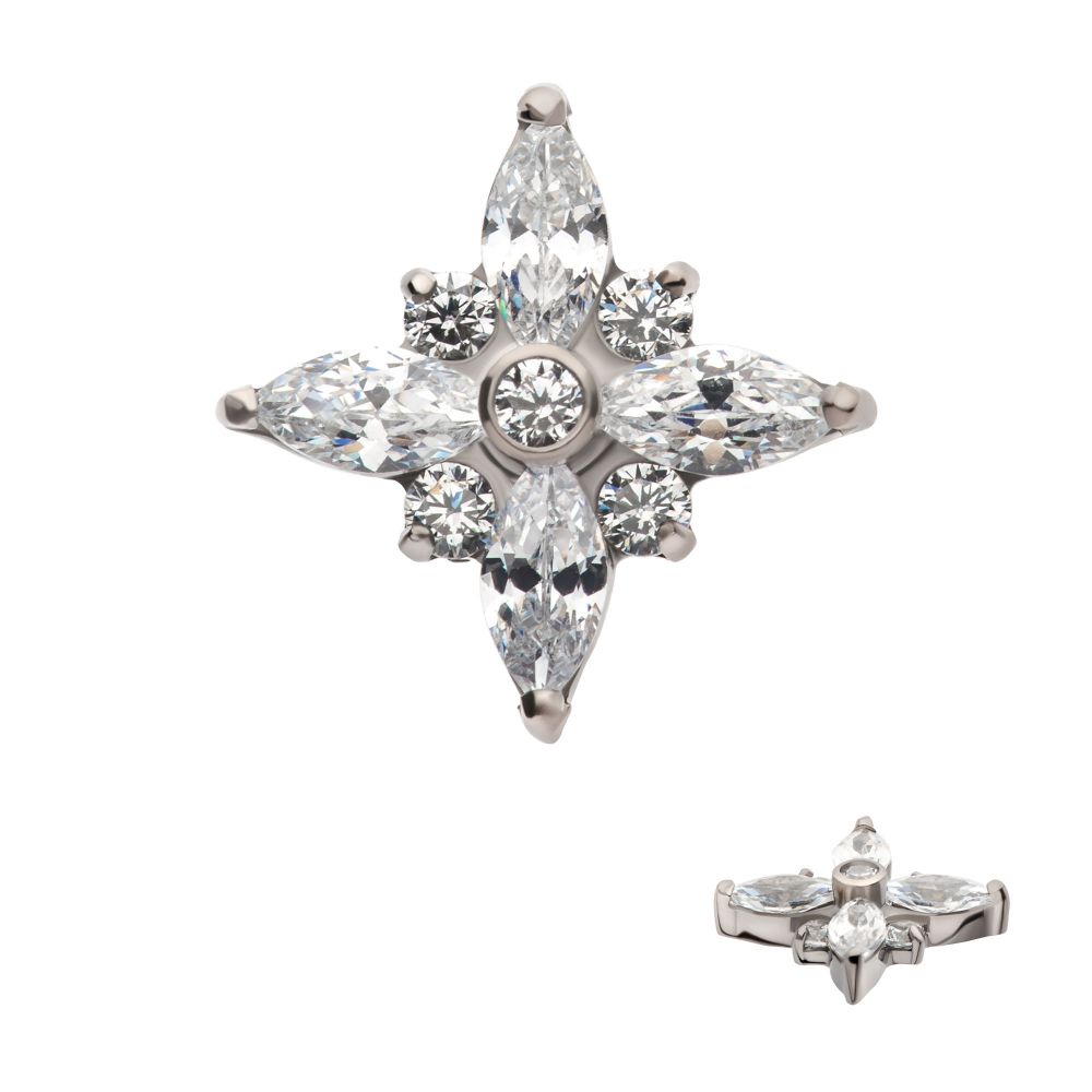 Titanium Internally Threaded with Clustered Round & Marquise CZ Cross Shape Top