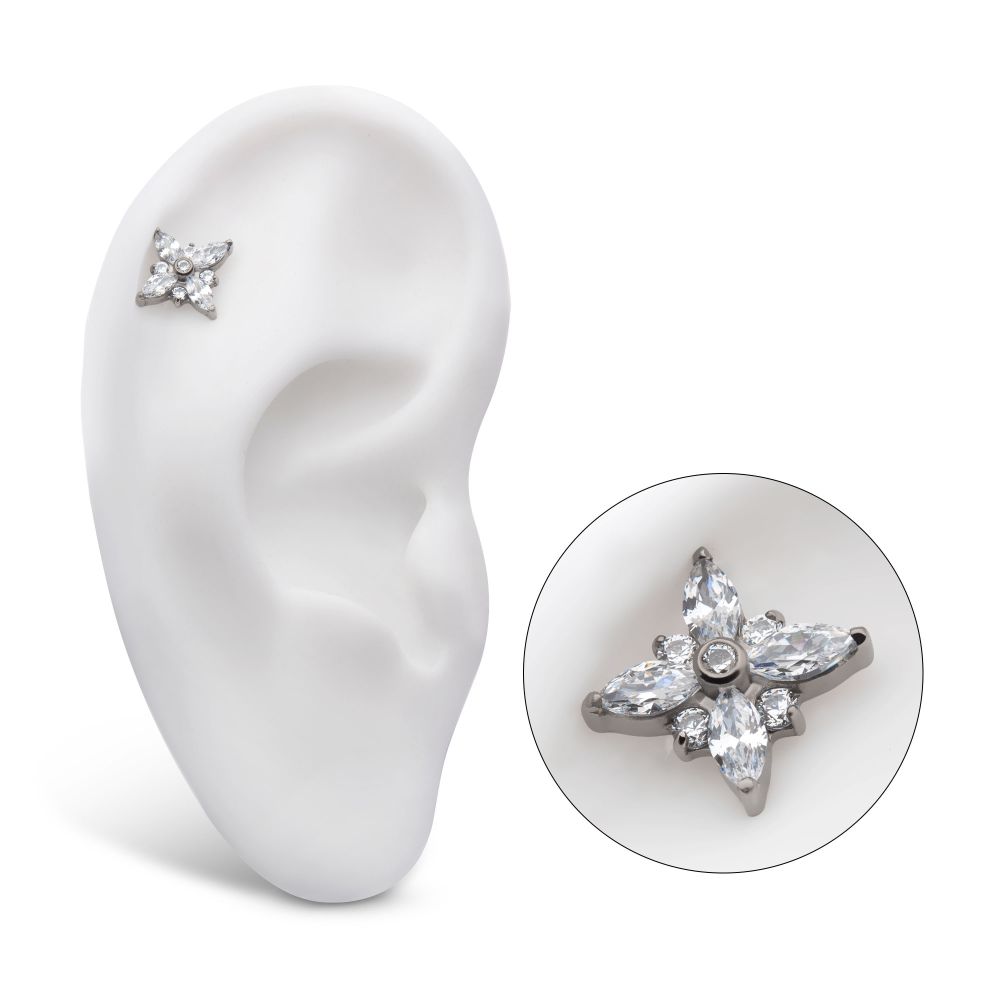 Titanium Internally Threaded with Clustered Round & Marquise CZ Cross Shape Top