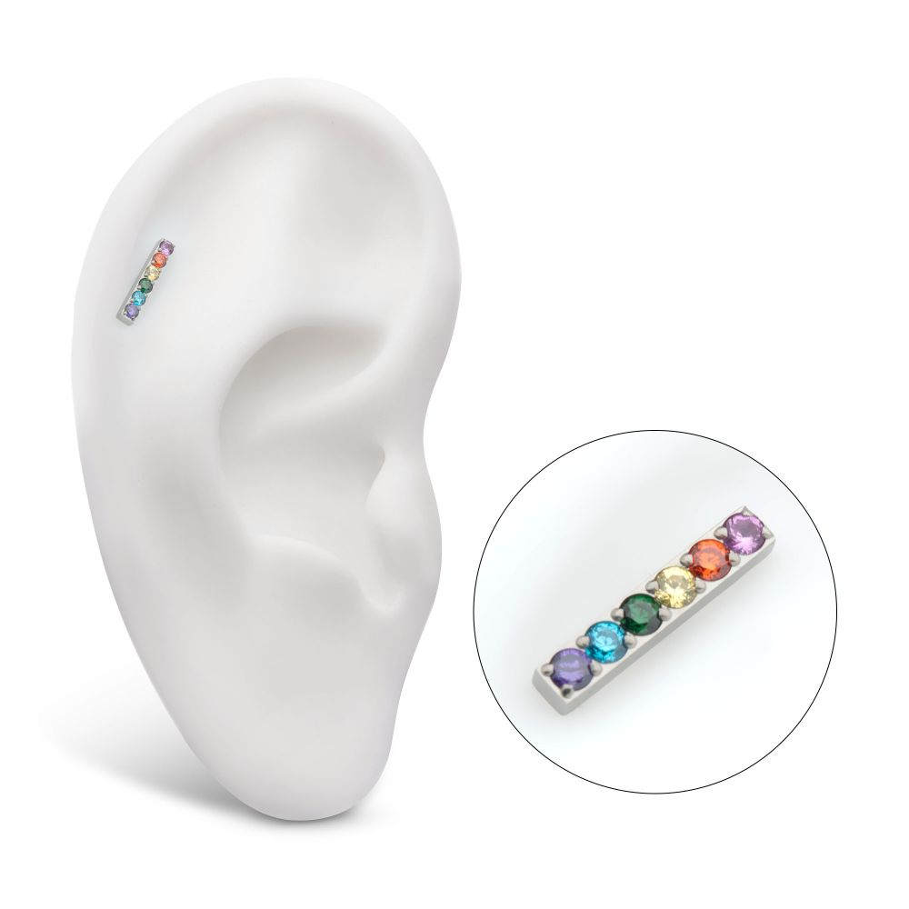 Titanium Internally Threaded Prong Set Rainbow CZ 6-Cluster Bar Top