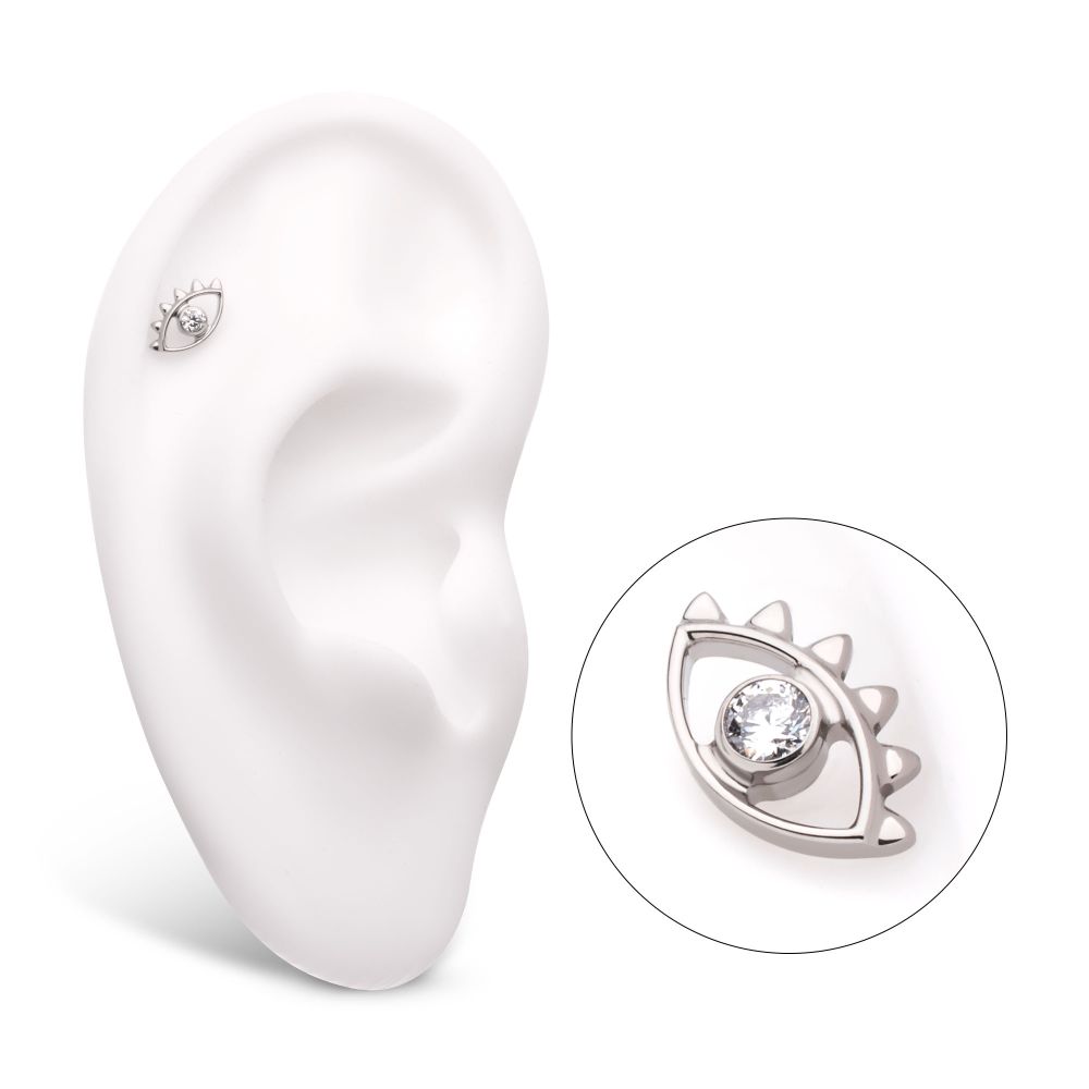 Titanium Internally Threaded with 2mm Bezel Set Round CZ Gem Evil Eye Top