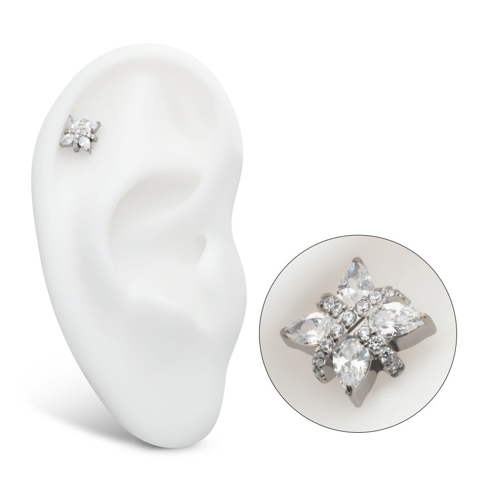 Titanium Internally Threaded Paved CZ Cross with Pronged Marquise CZ Flower Top