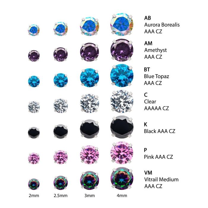 STERILIZED 16g Low Profile Titanium Internally Threaded with Prong Set Round 3A/5A CZ Top