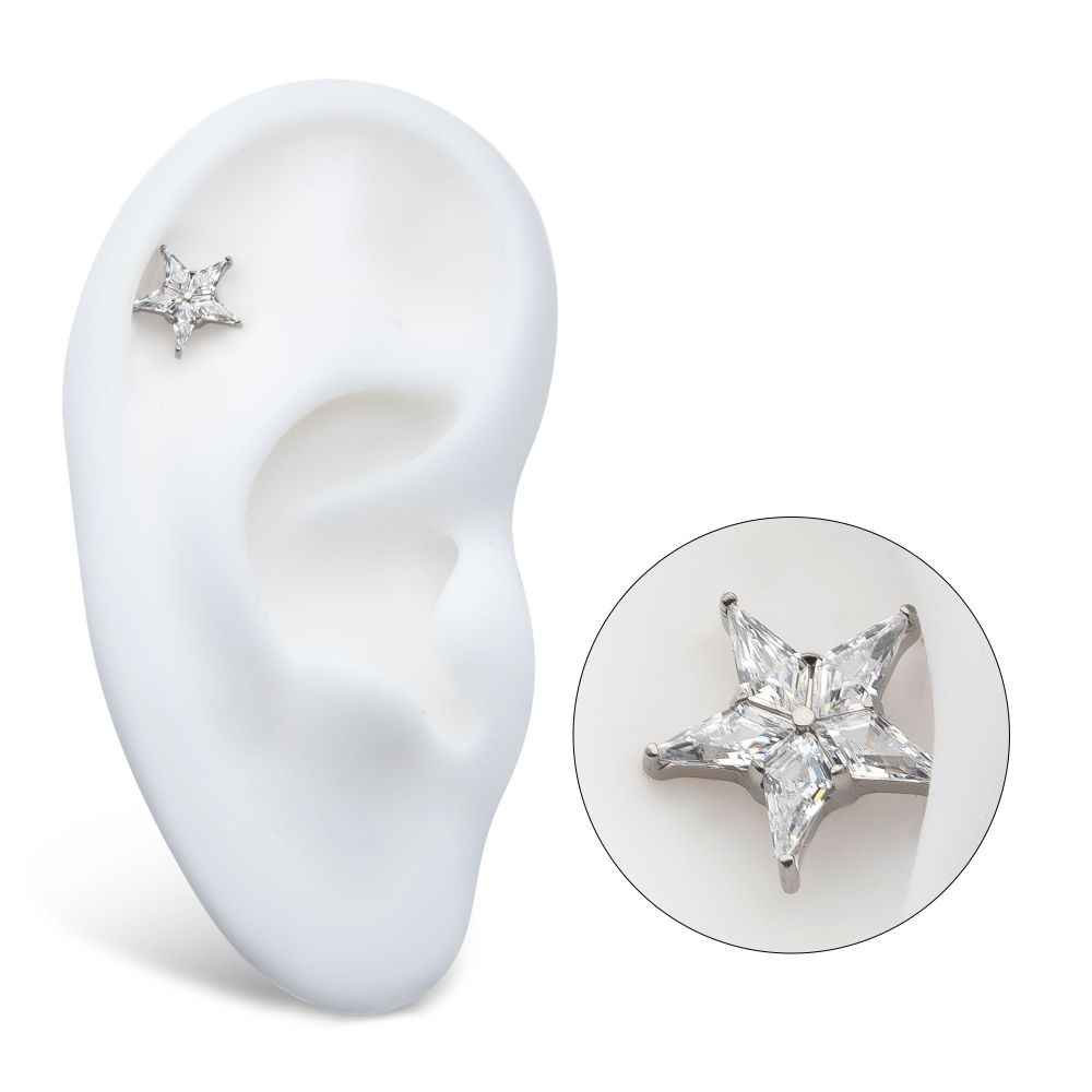 Titanium Internally Threaded Star Top with 5 Prong Set Kite Shape Clear CZ