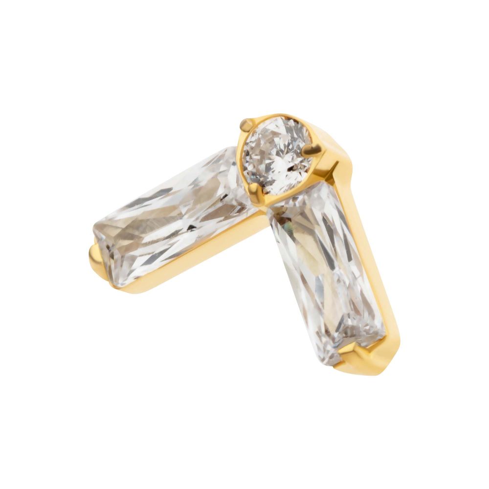 24Kt Gold PVD Titanium Internally Threaded Prong Set Baguette & Round CZ Chevron Shape Top