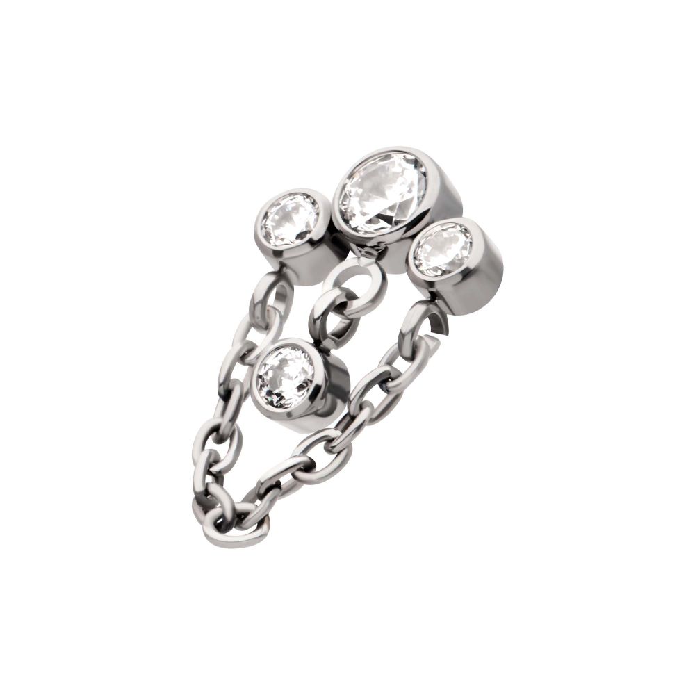 Titanium Internally Threaded 3-Curved Cluster Bezel Round CZ Top with Chain & Gem Dangles