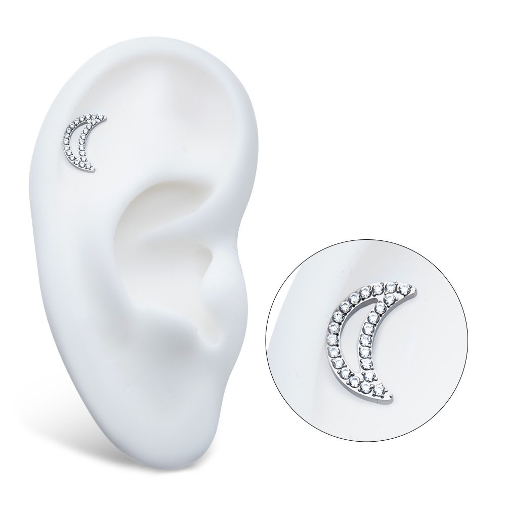 Titanium Internally Threaded Cut Out Crescent Moon Top with Pave Set Clustered CZ