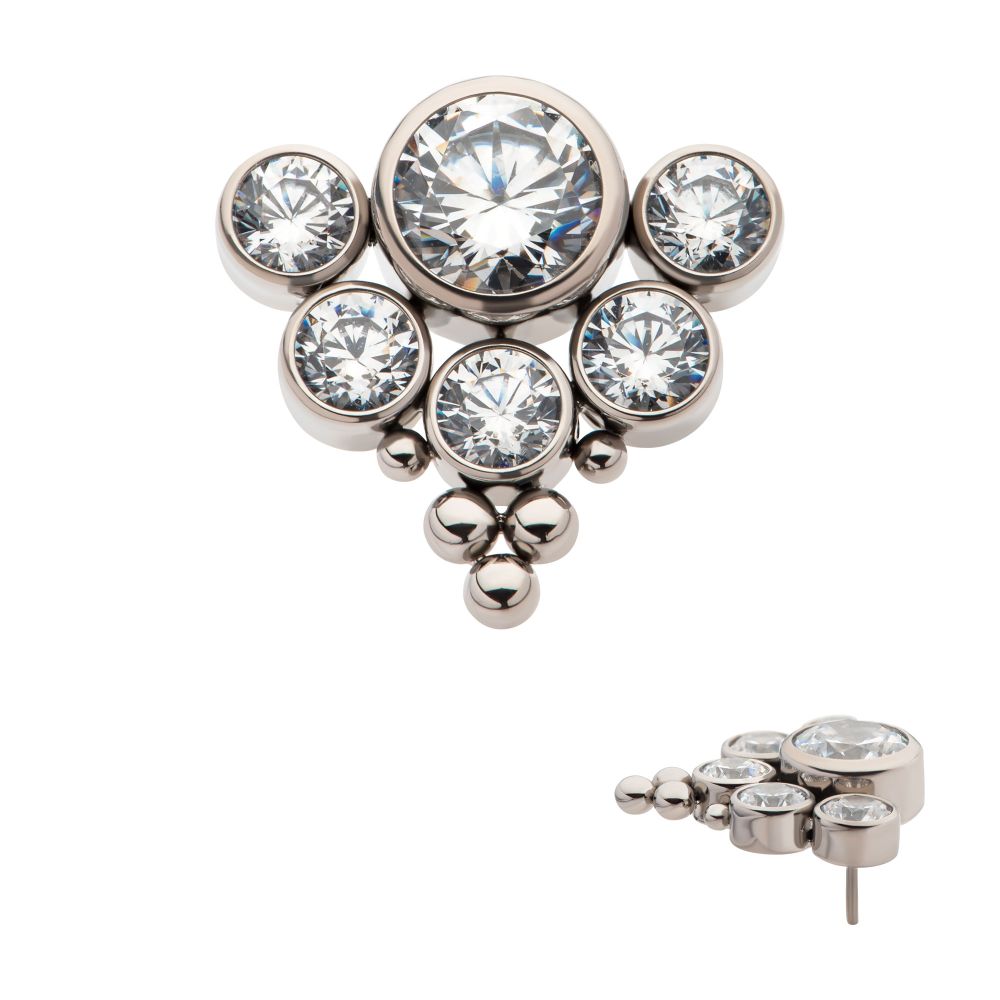 Titanium Threadless Tri-bead end with 5mm & 3mm Bezel Set AAA Clear CZ Cluster Top