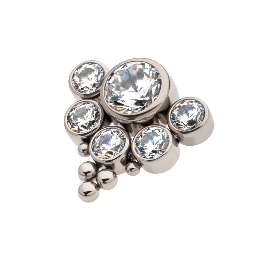 Titanium Threadless Tri-bead end with 5mm & 3mm Bezel Set AAA Clear CZ Cluster Top