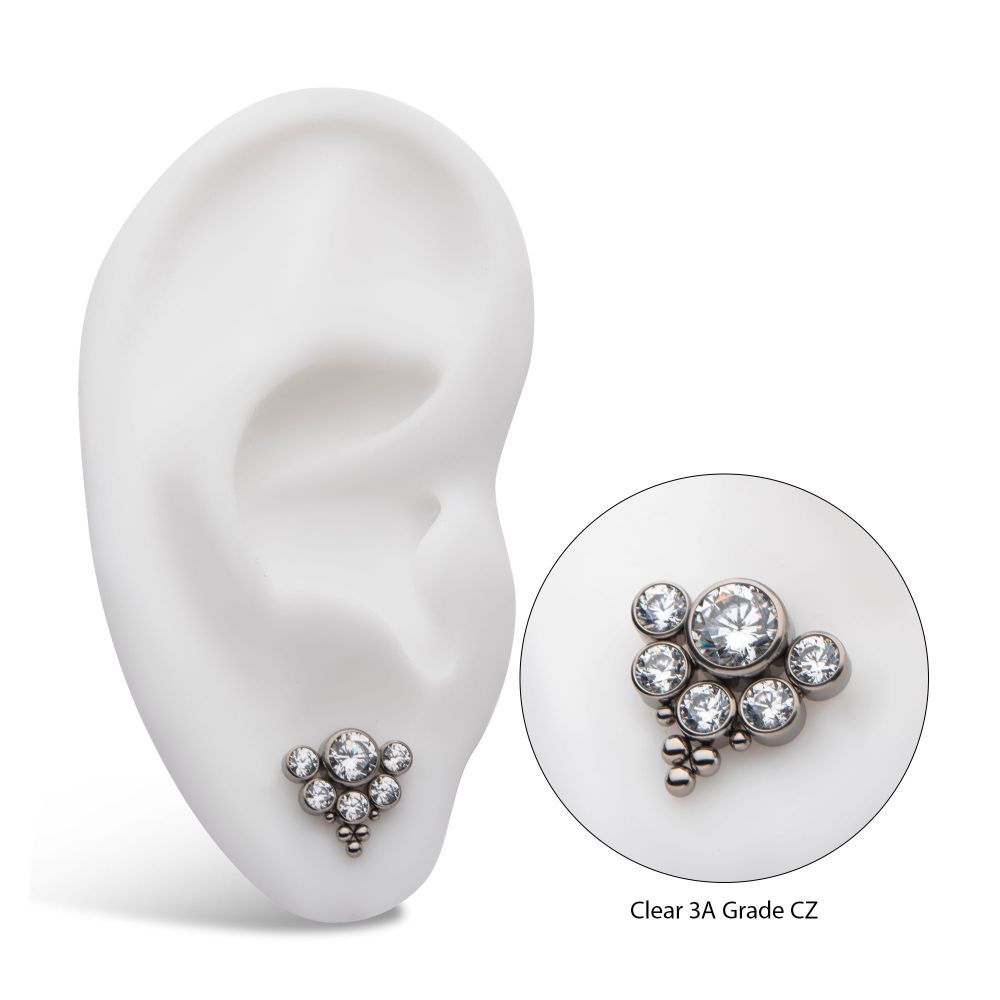 Titanium Threadless Tri-bead end with 5mm & 3mm Bezel Set AAA Clear CZ Cluster Top
