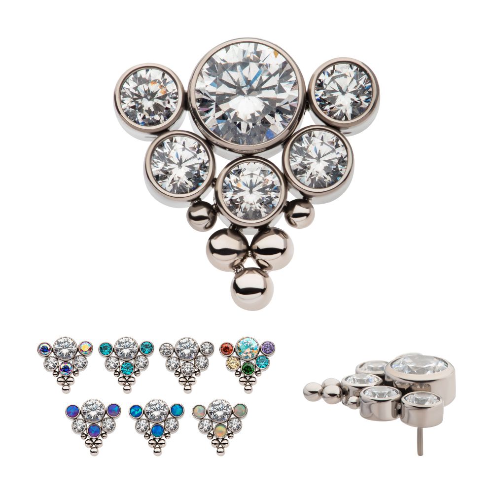 Titanium Threadless Tri-bead end with 4mm & 2.5mm Bezel Set AAA Clear CZ/Opal Cluster Top