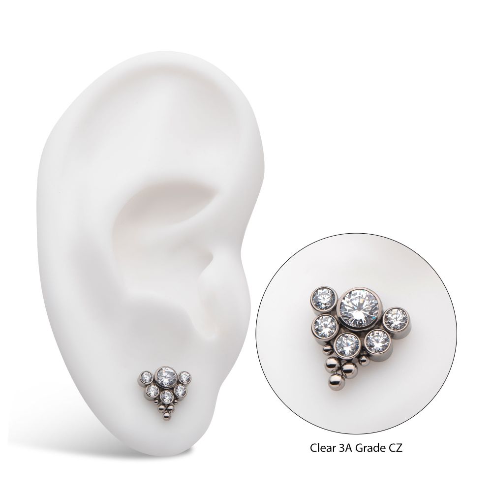 Titanium Threadless Tri-bead end with 4mm & 2.5mm Bezel Set AAA Clear CZ/Opal Cluster Top