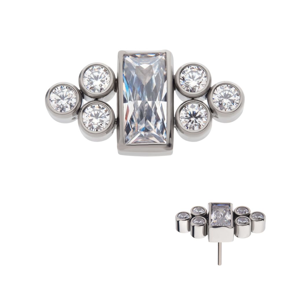 Titanium Threadless Bezel Baguette & Round CZ 7-Cluster Top