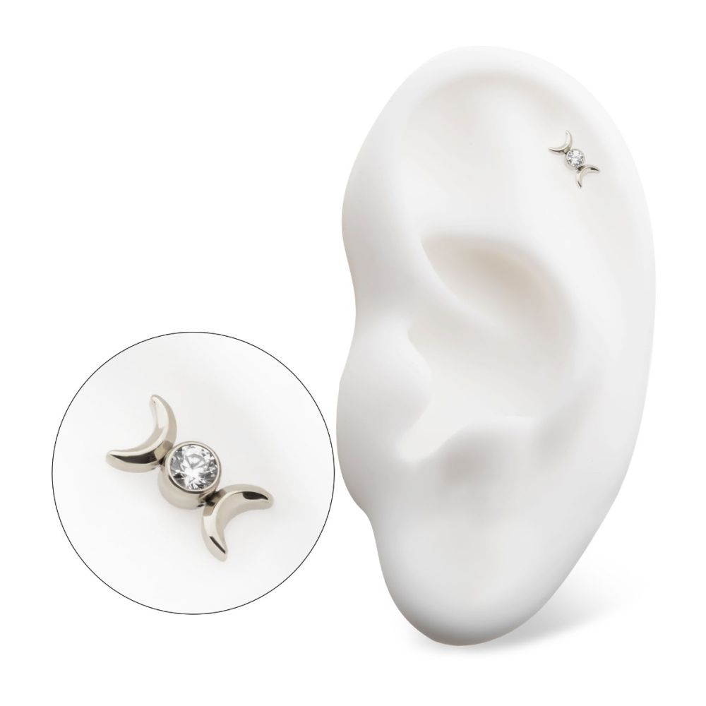 Titanium Threadless Bezel Set Round Gem Triple Moon Phase Top