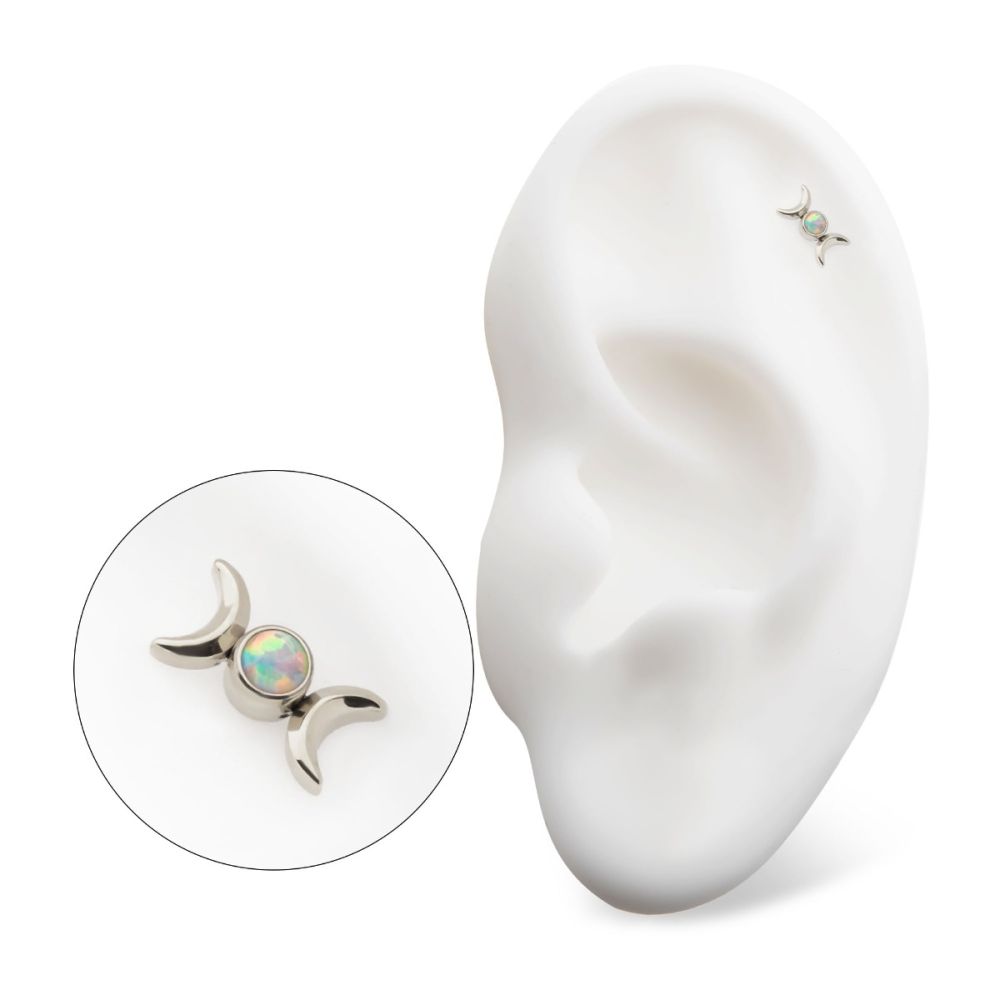 Titanium Threadless Bezel Set Round Opal Triple Moon Phase Top