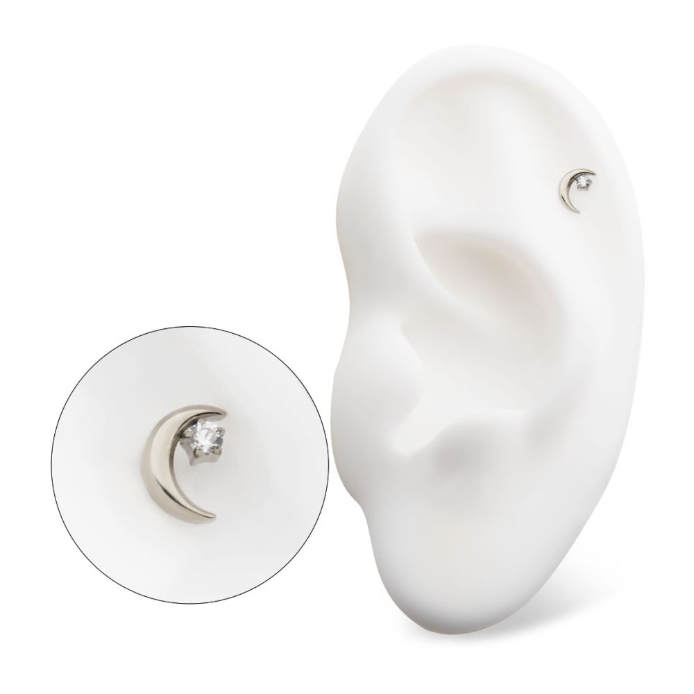 Titanium Threadless Crescent Moon with Prong Set CZ Top