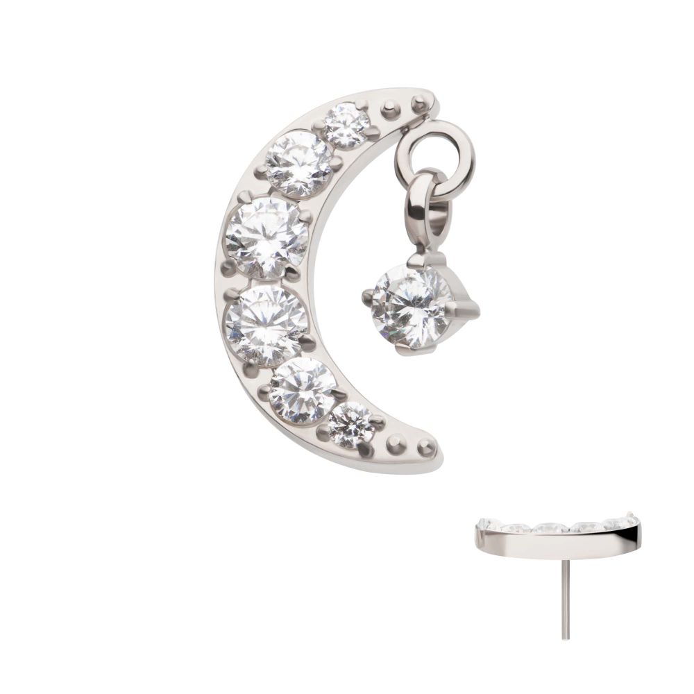 Titanium Threadless Crescent Moon CZ Top with Dangle Pronged Round CZ