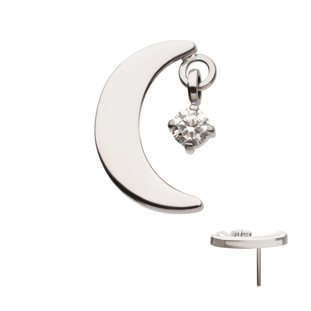 Titanium Threadless Crescent Moon Top with Dangle Pronged Round CZ