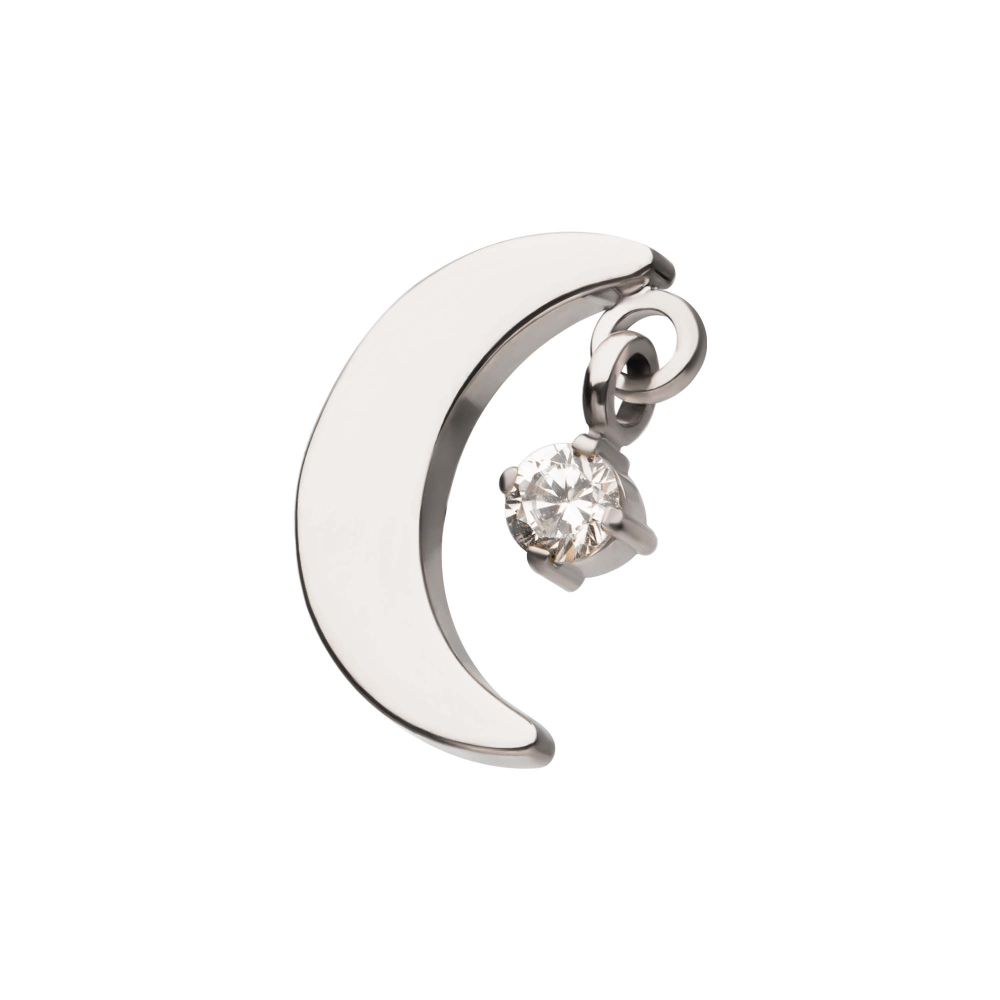 Titanium Threadless Crescent Moon Top with Dangle Pronged Round CZ