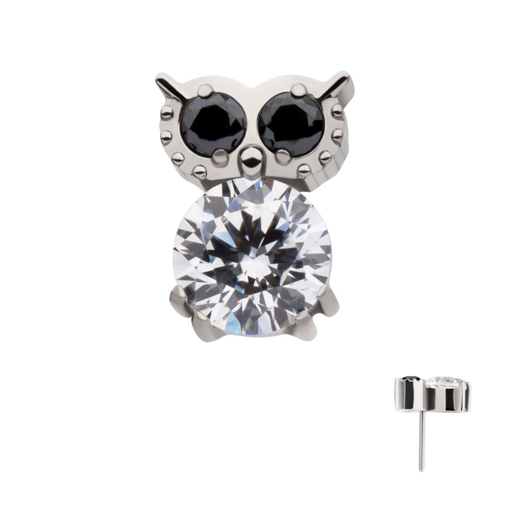 Titanium Threadless Prong Set Round Black & Clear CZ Owl Top