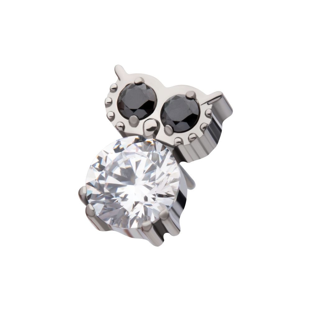 Titanium Threadless Prong Set Round Black & Clear CZ Owl Top