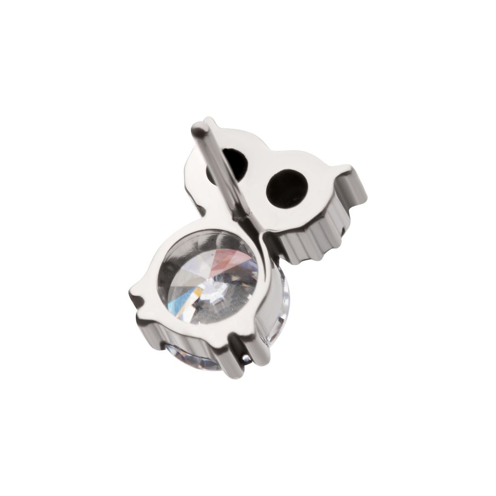 Titanium Threadless Prong Set Round Black & Clear CZ Owl Top