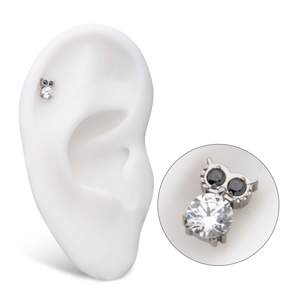 Titanium Threadless Prong Set Round Black & Clear CZ Owl Top