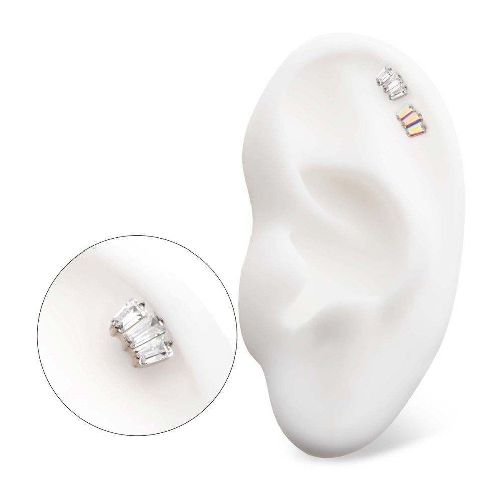 Titanium Threadless Prong Set Baguette CZ 3-Cluster Top