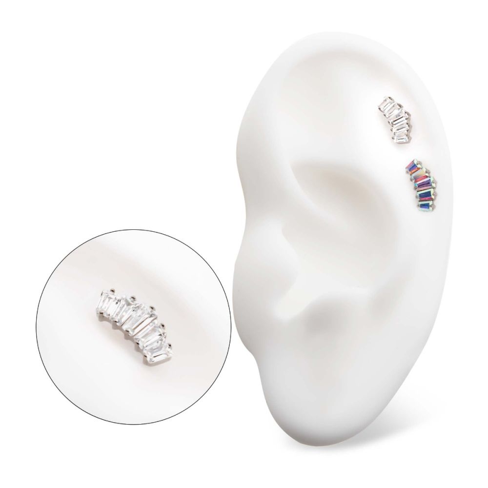 Titanium Threadless Prong Set Baguette CZ 5-Cluster Fan Shape Top