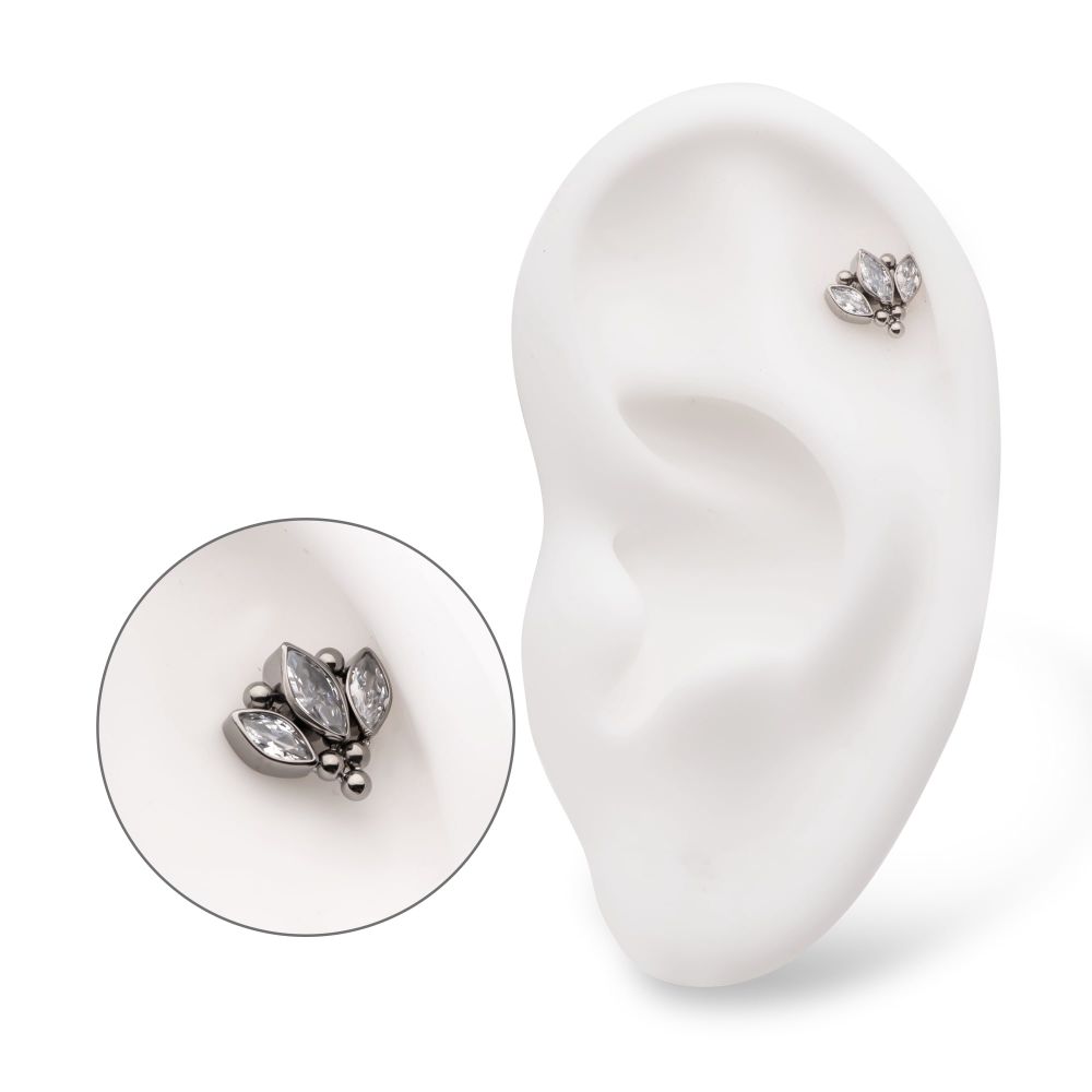 Titanium Threadless Beaded Bezel Set Marquise Gem 3-Cluster Top
