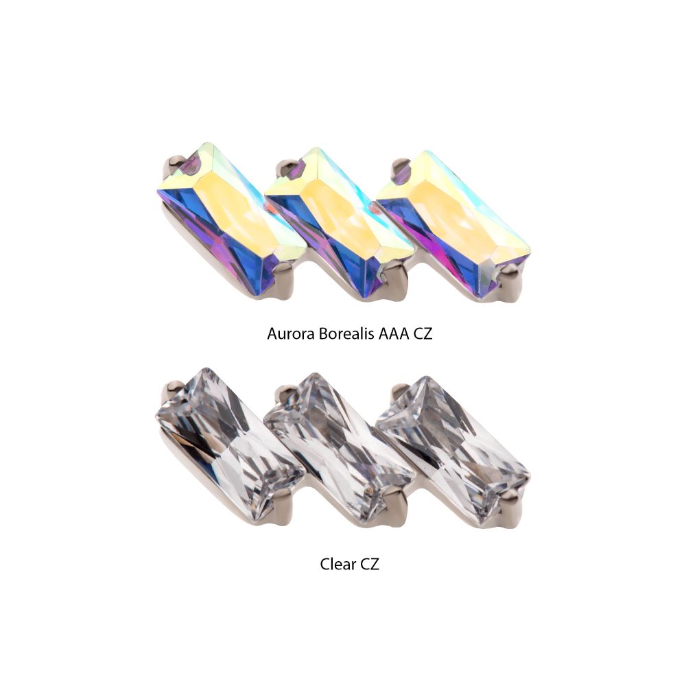 Titanium Threadless Prong Set Baguette CZ Diagonal 3-Cluster Top